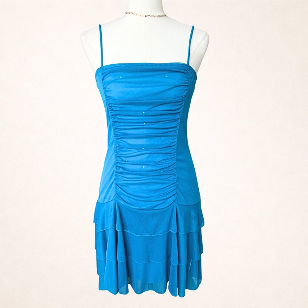Y2K Blue Ruched Sequin Midi Dress